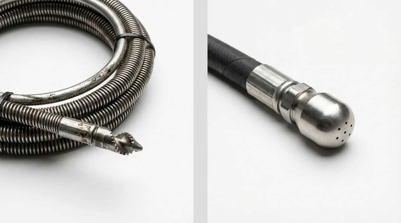 Drain snake cable and hydro jetting nozzle used for drain cleaning in Chandler, OK
