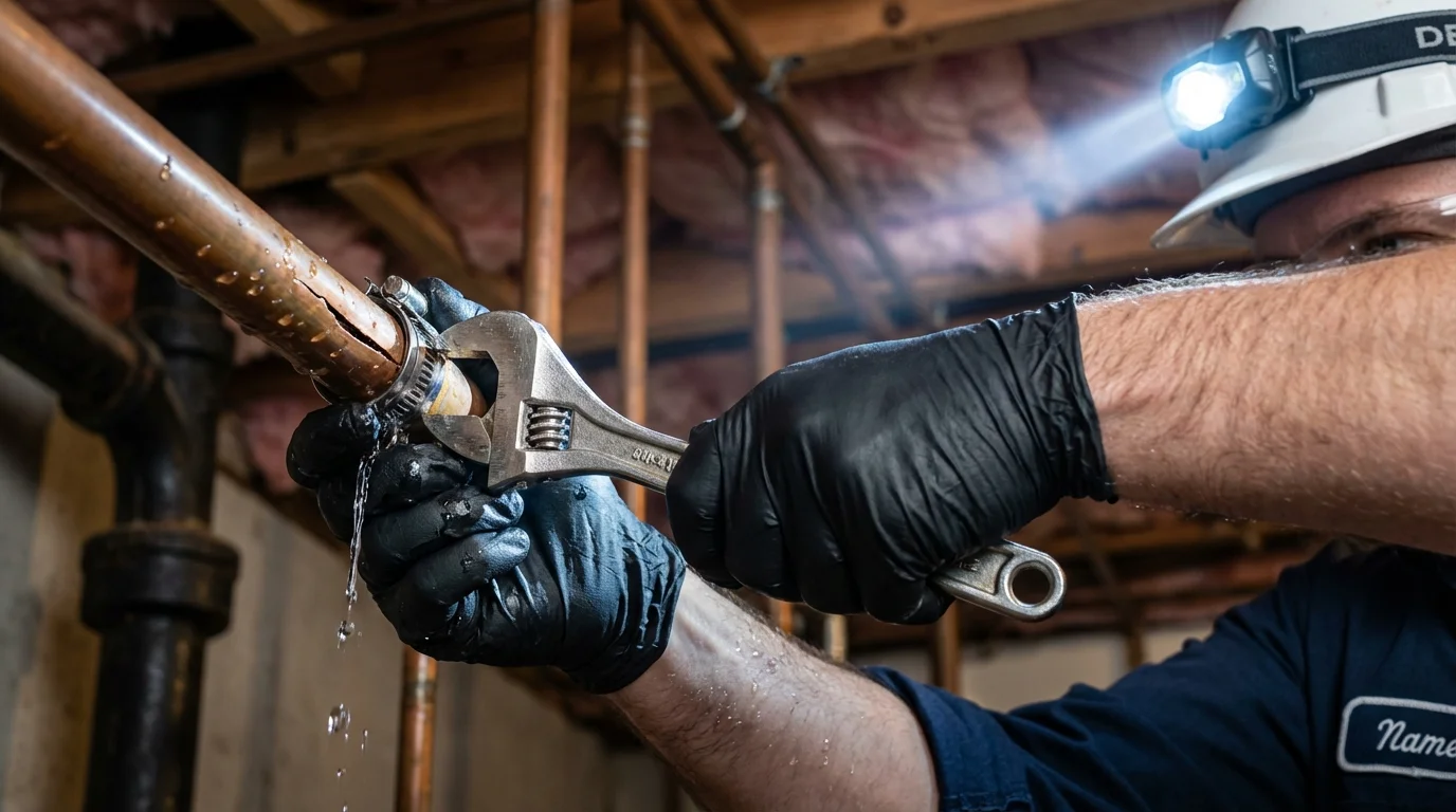 Emergency pipe clamp repair being performed by a Johns Plumbing LLC plumber in Chandler