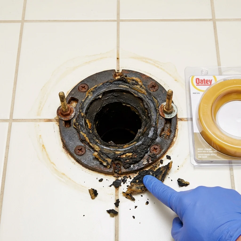 Failed wax ring showing water seepage at the base of a toilet in a Chandler, OK home