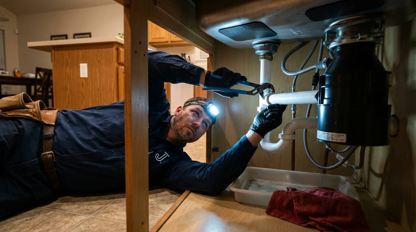 P-trap and supply line connections under a kitchen sink showing a common leak point in Chandler, OK